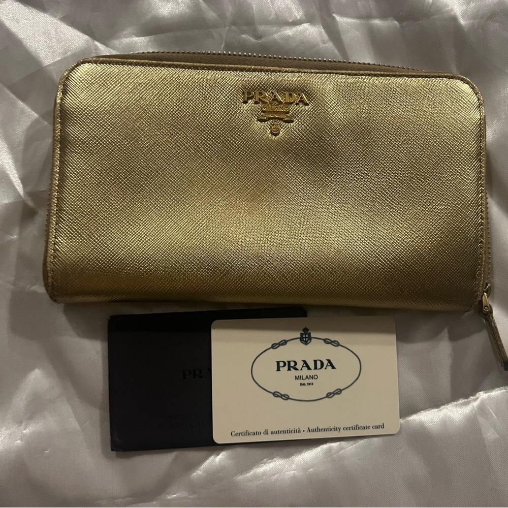PRADA- Pre-loved Gold Saffiano Metal Leather Zip Wallet
